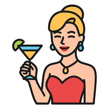 icon of a glamorous cocktail waitress, smiling, holding a drink, elegant and chic, modern icon, color outlined style sticker