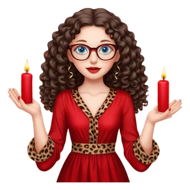 a blue eyed woman with very long brunette curly hair, full lips,and really pale skin. She is wearing a leopard printed thin round-ish glasses . She is wearing fully plain silky red dress. She is flying on the air. There are red candles in her hands. She is making a magic. sticker