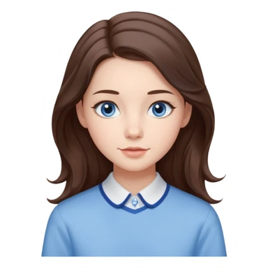 Realistic Student Portrait, with porcelain-like skin featuring a natural rosy flush, iHer Brunette Half-Up Style for Straight  hair flows in soft, Her deep blue eyes radiate warmth and innocence,  wear light blue preppy style. sticker