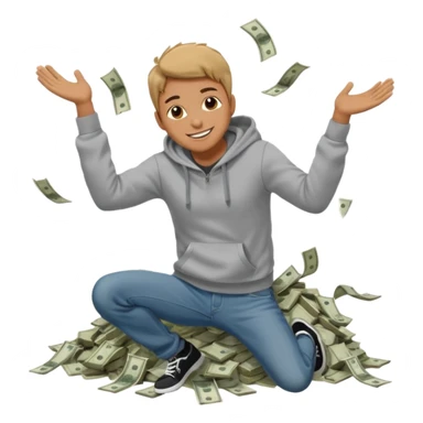 casually dress person in jeans and a hoody jumping into a pile of money sticker