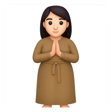 Make the woman have a normal, buxom body, standing and praying from the front view, wearing a long tan dress, with dark brown hair, in emoji style. Remove the background completely. sticker