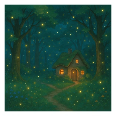 whimsical forest scene with glowing fireflies and a small cottage sticker