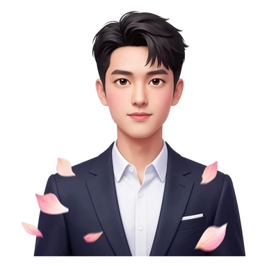 Gorgeous romantic anime style Asian formal modern gentlemanly guy with pretty hair and flower petals and blushing face aesthetic trending style with colorful gradient colors  pastelcore cottagecore kawaiicore sticker