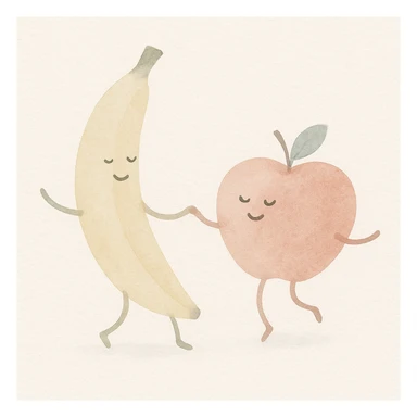 a banana and apple dancing, watercolor art style, soft colors, joyful mood sticker