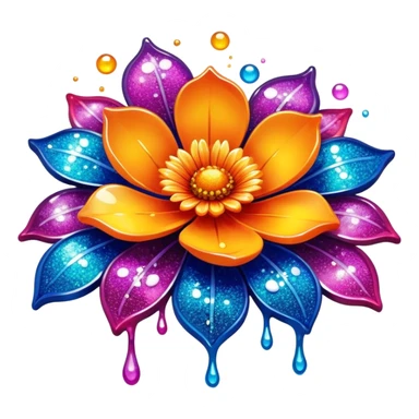 Create an icon that represents the hobby of decorative arts using epoxy resin. The design should feature a surface or object, like a coaster or decorative piece, with resin being poured or molded. Include visible epoxy resin pouring, with glossy and vibrant colors mixed into the resin. The composition should highlight the creative process and intricate details, such as embedded flowers, glitter, or pigments within the resin. The background should be transparent. sticker