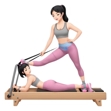 Create a Pilates emoji: a girl with fair skin and black hair, wearing a grey bra and grey leggings with pink pilates socks, on all fours on a wooden reformer. Make it look at the reformer. Make the colors neutrals. sticker