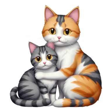 full body colourful light patched calico + white tabby cat cuddling a bigger cat that is dark grey and white tabby cat  sticker