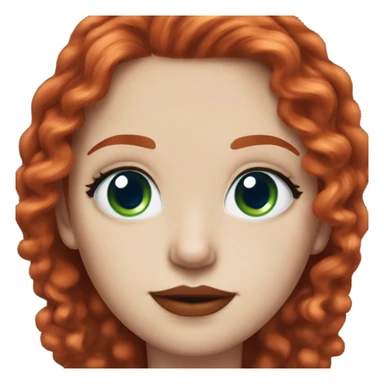 straight long curly red hair, tomato red lipstick, blue-green bright eyes, white skin and a very small sharp nose sticker