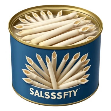 open can filled with pale creamy-white salsify sticks arranged in light brine, long slightly ridged pieces, neatly stacked, tender yet firm appearance, simple partially open metal tin, no label, no garnish, no extras, soft lighting, subtle shadows, emoji scale sticker