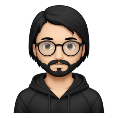 Man, hispanic skin, black hair, black beard, black mustache black eyes black t hoodie, small nose, long emo hair, muscular , round glasses sticker