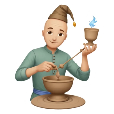A man Caucasian bald is a potter spinning a clay cup on a potter’s wheel. It is his birthday  sticker