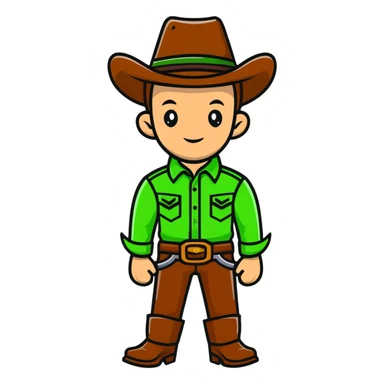 Cartoon cowboy with bright green outfit and matching green cowboy hat, western style sticker