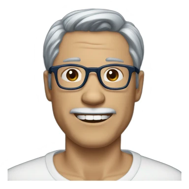 50 year old man, hair parted to the right with thin dark blue black glasses, his ears are slightly protruding and his smile is missing a tooth between the canine and the palette. sticker