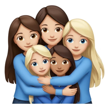 four white girlfriends hugging and smiling    2 girls with brown eyes and long dark brown hair. Two girls with blue eyes and light blonde hair sticker