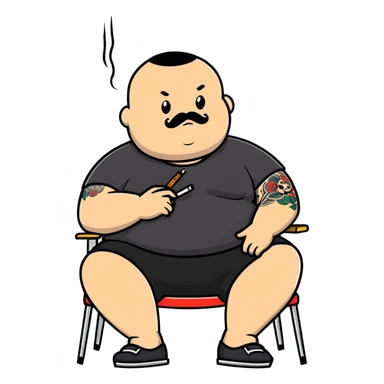 Overweight man sitting back in chair with legs spread, holding cigarette, exposed belly, round face, very short buzzcut hair, short beard with mustache, black t-shirt with light stripes on top, black shorts, tattooed arms sticker