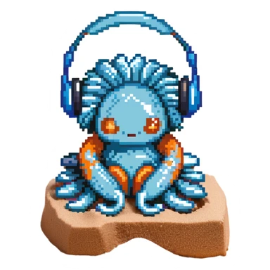 light blue sea anemone with arms, listening to music with headphones, sitting on sand sticker