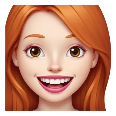 Young girl with pale skin, longer face, full pink lips smiling with big teeth, very long straight ginger red hair (no blonde at all), big brown eyes, bigger nose, big mouth sticker