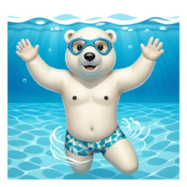 friendly anthropomorphised polar bear swimming freestyle in a large pool, excited expression, wearing patterned swim trunks and full snorkel mask sticker
