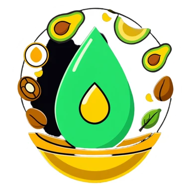 Floating aura in the shape of a golden and jade green drop, with bright icons of avocado, nuts, olive oil and ethereal fish spinning in a circle, surrounding a warm heart and illuminated brain, wrapped in a soft glow of protection and stable energy sticker