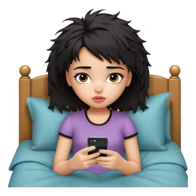 generate a pretty bratz girl with short black messy bed hair, looking tired and using her phone sticker