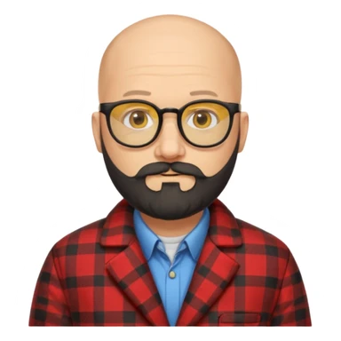 Un profesor calvo, que tenga barba abundante de color negro, lleva gafas con el cristal de color amarillo y un abrigo de cuadros rojo sticker