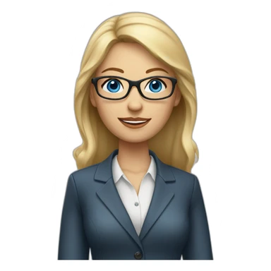 A blond hair woman, blue eyes with glasses and busines attire sticker