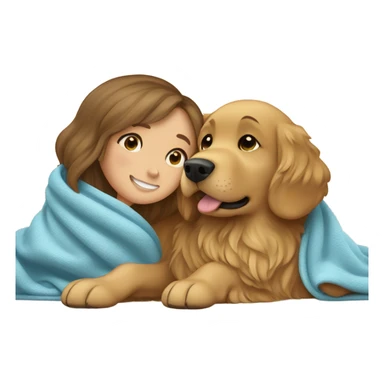 Golden retriever and brown hair blue eyed girl in blanket together  sticker