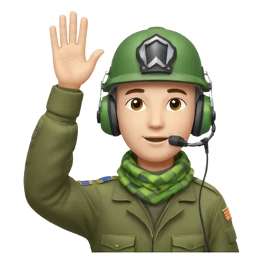 Soldier emoji head in green military helmet, large ear protectors, headset microphone, light green checkered scarf around neck, gray face, confident greeting pose with right hand raised in salute, vibrant colors, high detail on helmet textures and fabric, bust view, ultra-detailed PNG alpha channel sticker