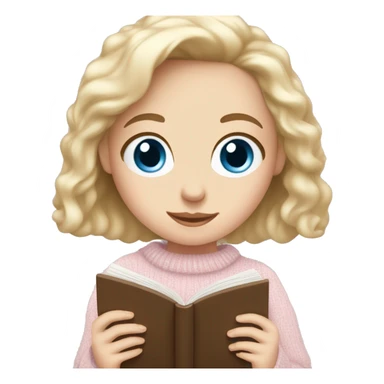 Pretty blue eyed white girl with light pink sweater reading cozy sticker