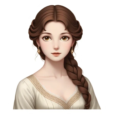 Cinematic Realistic Belle Portrait, depicted with lifelike skin texture, soft natural lighting, and intricately detailed brown hair styled elegantly. Her deep, expressive eyes exude warmth and intelligence, complemented by a serene and graceful expression. She is dressed in her classic attire, with rich fabric textures and delicate folds that catch the light beautifully. The portrait features a soft, enchanting glow with a natural, radiant finish, capturing the essence of timeless beauty in a realistic and painterly style, evoking a sense of depth and authenticity. sticker