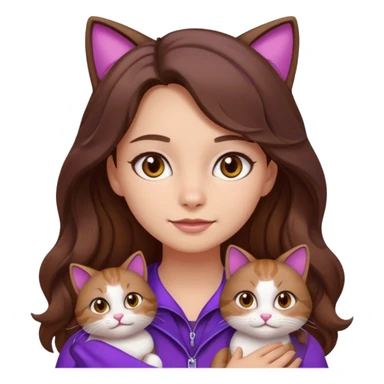 a girl with long wavy brown hair and brown eyes, wearing purple clothes, with a three-color cat, emoji style sticker