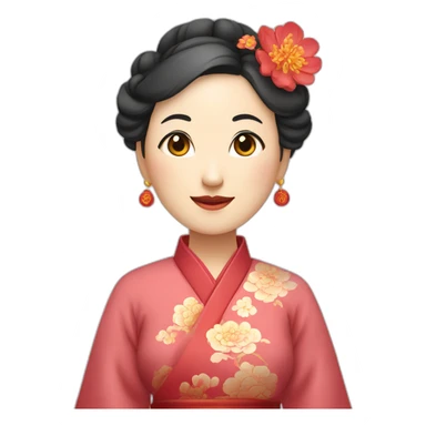 Chinese middle aged lady wear Chinese traditional dresses with a sign of agreeable gesture sticker