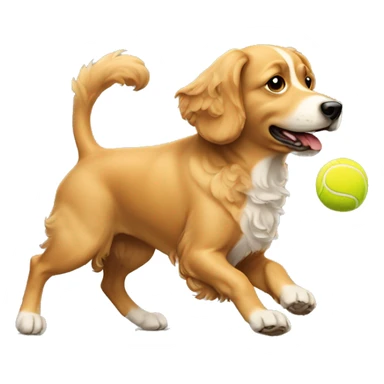 tan dog with a curly tail and white chest chasing a tennis ball sticker
