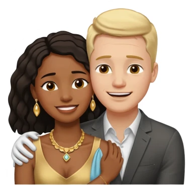 interracial couple. Black smiling woman with nice jewelry. White man crying with his arm around her shoulder. sticker
