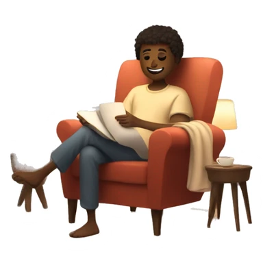 An image of a person relaxing on a comfy chair with a blanket, a cup of tea, and soft lighting, creating a peaceful atmosphere sticker