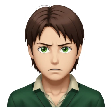 “Make him look like Eren Yeager S3 — long brown hair tied back, strong jawline, sharp green eyes, that cold, intense Eren vibe.” sticker