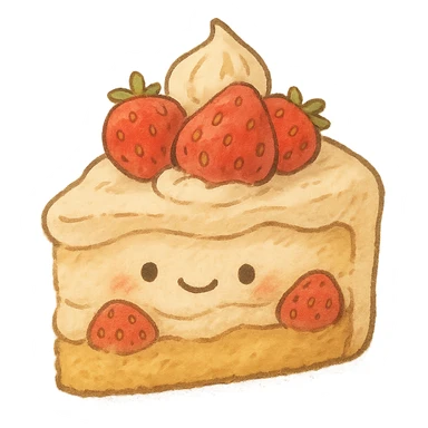 ghibli style cute strawberry cake with whipped cream, smiling face, kawaii, soft light, hand-drawn look sticker