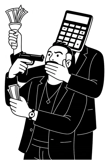 Используя такую стилистику и точно такого же героя, сгенерируй картинку. На ней позади героя стоит фигура, у которой вместо головы калькулятор, она приставила к виску героя пистолет, а другой рукой закрывает рот героя, прозрачный фон sticker