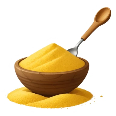 small pile or loose scatter of bright yellow cornmeal, coarse grainy texture, matte finish, irregular vibrant grains, rustic and hearty appearance, no bowl, spoon, or packaging, just the cornmeal, soft lighting, subtle shadows, transparent background, emoji scale sticker