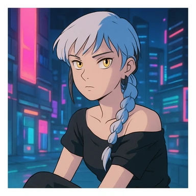 closeup portrait of young woman with gold yellow eyes, white hair in a long braid, black off-shoulder top, punk gothic style, futuristic cyberwave, sitting position, neon city lights in background, ghibli style sticker