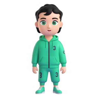 male character in a green Squid Game tracksuit with number 333, smirking, sharp black eyes, messy short black hair, slight stubble, flipping a coin, mysterious and strategic expression, 3D emoji style sticker