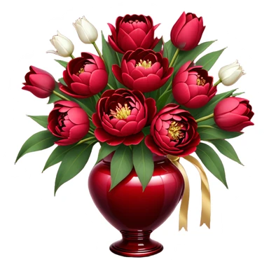 "An exquisite floral arrangement in a deep red glass vase, filled with velvety red peonies, classic roses, and striking tulips, accompanied by silky pearl-colored ribbons that drape gently over the surface." sticker