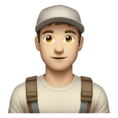 Pale skinned fit Man with dark brown hair in a beige cap, gray jeans, brown polo and white T-shirt keeping a pasted with tape white box into his hands sticker
