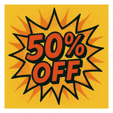 comic-style '50% OFF' burst with yellow and orange, dynamic and attention-grabbing sticker