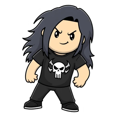 A metalhead with long flowing black hair, wearing a black heavy metal t-shirt, smirking confidently sticker