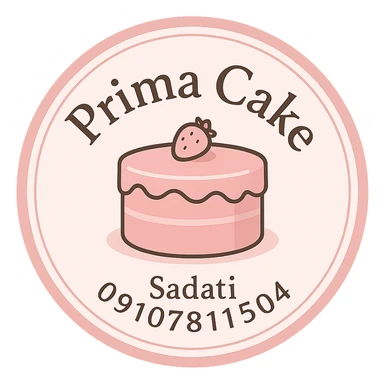 A circular logo for Prima Cake bakery with a pink cake at the center, featuring the text Prima Cake in English and the contact info Sadati 09107811504 below it. The logo should have a pink circular border and a white background, designed to be printable for cake decoration. The style should be elegant and suitable for a bakery sticker