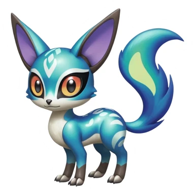 Shiny exotic animalistic feral Colorful glowing glossy smooth soft silky Futuristic Cyber-Vernid-Trico-Meloetta-Latias-Koraidon-Peppercat-Protogen-Pokémon-Digimon-Fakémon-fusion-hybrid-creature sticker
