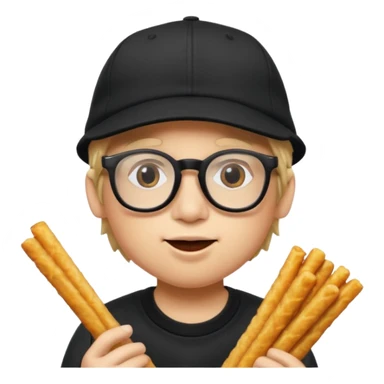num num eatting hashbrown sticks with a plain black cap and glasses sticker