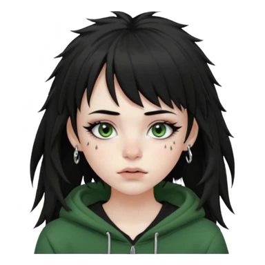girl with black long layered hair with wispy bangs, pale skin, black t shirt, freckles on nose, dark nude colored lipliner, fluffy lashes, green hooded eyes, black spiky septum ring, eyebrow piercing, blush, thin black eyebrows. sticker