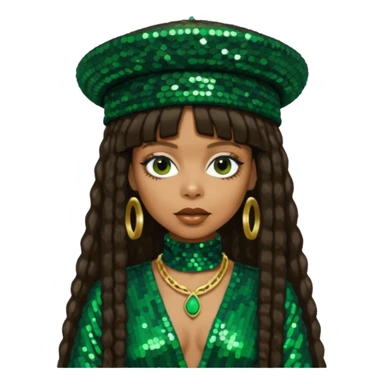 Erykah Badu with dark brown hair, dark green sequin outfit sticker